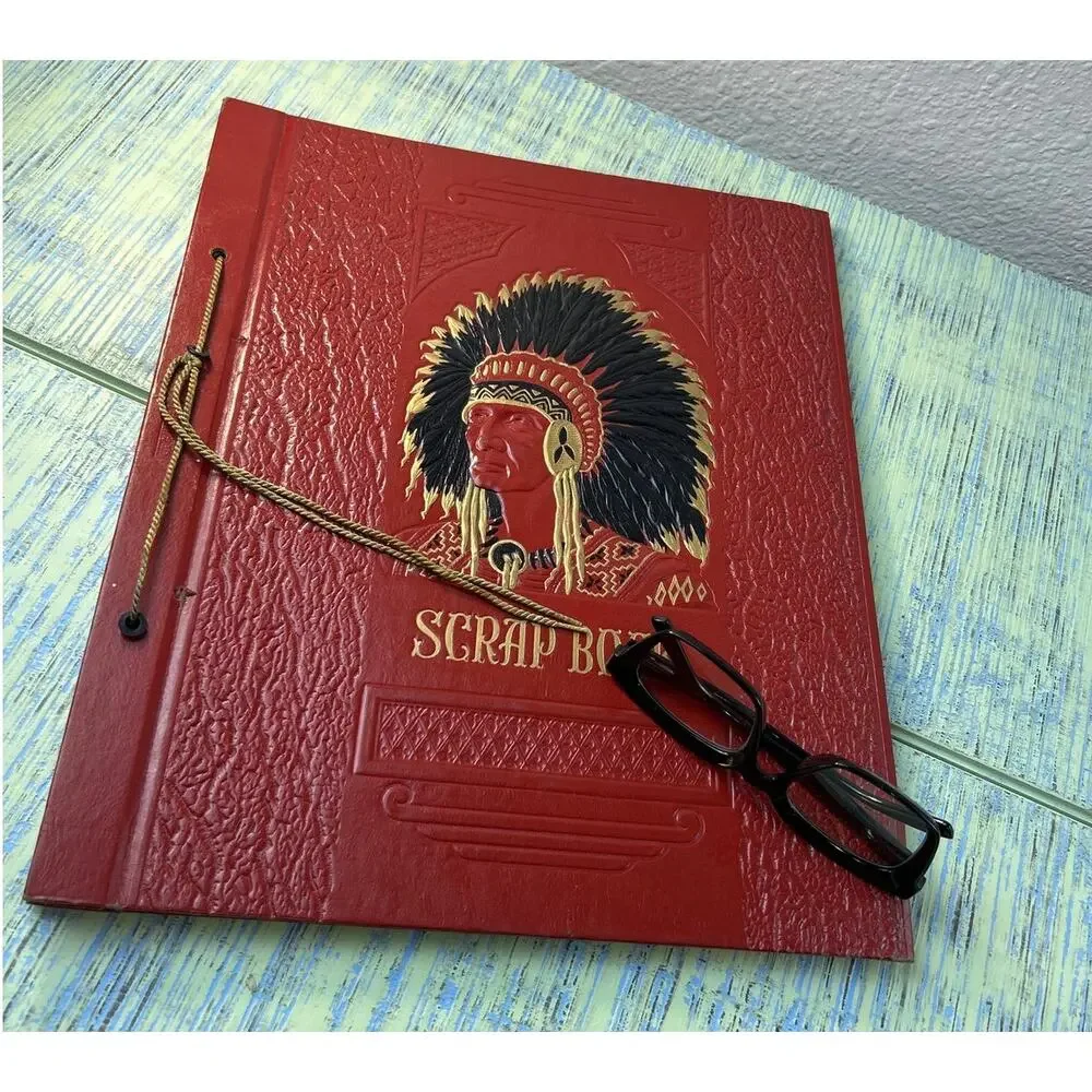 Vintage 1940s Embossed Native American Chief Scrapbook Red Faux Leather Album